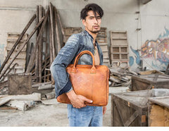 Vintage Brown Leather Mens 14 inches Briefcase Work Side Bag Brown Laptop Briefcase Business Bag for Men - imessengerbags