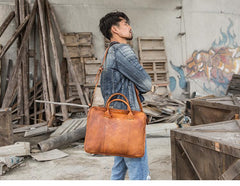 Vintage Brown Leather Mens 14 inches Briefcase Work Side Bag Brown Laptop Briefcase Business Bag for Men - imessengerbags