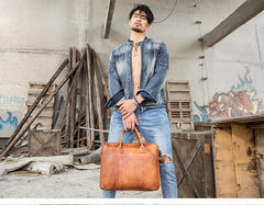 Vintage Brown Leather Mens 14 inches Briefcase Work Side Bag Brown Laptop Briefcase Business Bag for Men