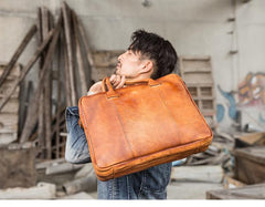Vintage Brown Leather Mens 14 inches Briefcase Work Side Bag Brown Laptop Briefcase Business Bag for Men - imessengerbags