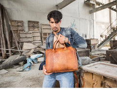 Vintage Brown Leather Mens 14 inches Briefcase Work Side Bag Brown Laptop Briefcase Business Bag for Men - imessengerbags
