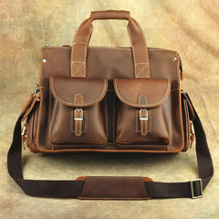 Brown Leather Mens 14 inches Business Laptop Work Bag Handbag Briefcase Shoulder Bags Messenger Bags For Men - imessengerbags