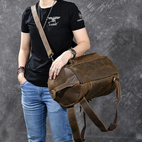 Brown Leather Mens 15" Laptop Bucket Hiking Backpack Travel Backpack Barrel Backpack for Men - imessengerbags