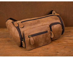 Cool Brown Leather Mens Large Fanny Pack Barrel Waist Bag Chest Bag Hip Pack Bum Pack for men