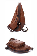 Brown Leather Mens Cool Large Sling Bags Light Brown Crossbody Pack Chest Bag for Men