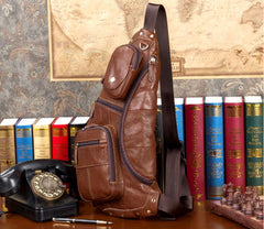 Brown Leather Mens Cool Large Sling Bags Light Brown Crossbody Pack Chest Bag for Men - imessengerbags