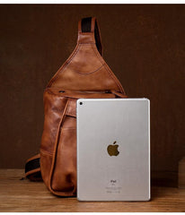 Cool Brown Leather Mens 8 inches Sling Bag Sling Pack Crossbody Pack Chest Bag for men - imessengerbags