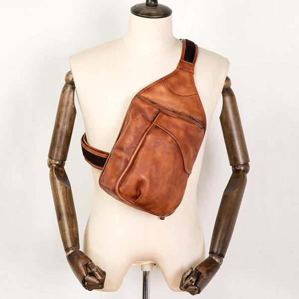 Cool Brown Leather Mens 8 inches Sling Bag Sling Pack Crossbody Pack Chest Bag for men