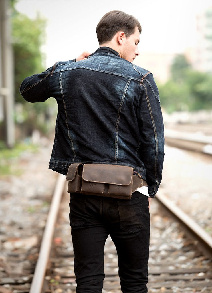 Brown Leather Mens Fanny Pack Waist Bag Hip Pack Light Brown Belt