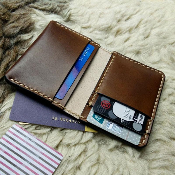 Brown Leather Mens Slim Front Pocket Bifold Small Wallets Card Wallet for Men - imessengerbags