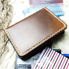 Brown Leather Mens Slim Front Pocket Bifold Small Wallets Card Wallet for Men - imessengerbags