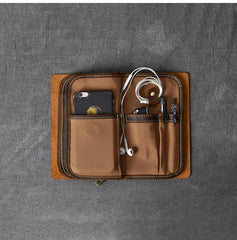 Brown Leather Mens Bifold Canvas Travel Clutch Bag Long Wallet For Men - imessengerbags