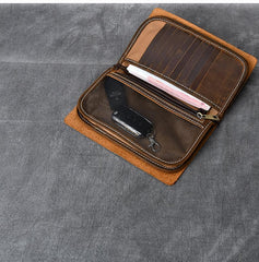Brown Leather Mens Bifold Canvas Travel Clutch Bag Long Wallet For Men - imessengerbags