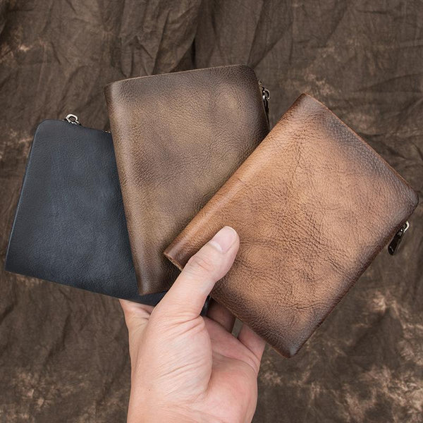 Brown Vintage Bifold Wallet Leather Mens Gray billfold Small Wallet Zipper Card Wallet For Men - imessengerbags