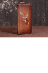 Brown Vintage Deer Wallet Leather Mens Womens Gray Long Wallet Zipper Clutch Wallet For Men