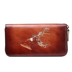 Brown Vintage Deer Wallet Leather Mens Womens Gray Long Wallet Zipper Clutch Wallet For Men