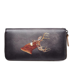 Brown Vintage Deer Wallet Leather Mens Womens Gray Long Wallet Zipper Clutch Wallet For Men