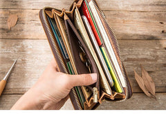 Brown Vintage Cool Mens Zipper long Wallet Leather Wallet Bifold Long Wallets Clutch for Men - imessengerbags