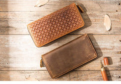 Brown Vintage Cool Mens Zipper long Wallet Leather Wallet Bifold Long Wallets Clutch for Men - imessengerbags