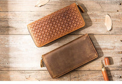 Brown Vintage Cool Mens Zipper long Wallet Leather Wallet Bifold Long Wallets Clutch for Men