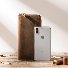 Brown Vintage Cool Mens Zipper long Wallet Leather Wallet Bifold Long Wallets Clutch for Men - imessengerbags