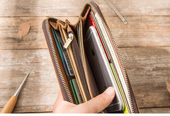 Brown Vintage Cool Mens Zipper long Wallet Leather Wallet Bifold Long Wallets Clutch for Men - imessengerbags