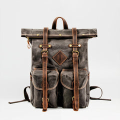 Brown Waxed Canvas Mens Waterproof Large 15'' Hiking Backpack Travel Backpack Computer Backpack for Men - imessengerbags