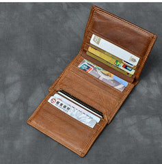 Brown Waxed Leather Mens Small Wallet billfold Trifold Card Wallet For Men - imessengerbags