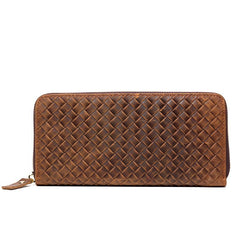 Brown Woven Mens long Wallet Wristlet Wallet Clutch Wallet Zipper Bifold Long Wallet for Men - imessengerbags