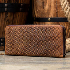 Brown Woven Mens long Wallet Wristlet Wallet Clutch Wallet Zipper Bifold Long Wallet for Men - imessengerbags