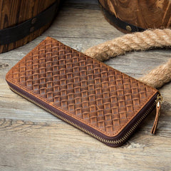 Brown Woven Mens long Wallet Wristlet Wallet Clutch Wallet Zipper Bifold Long Wallet for Men - imessengerbags