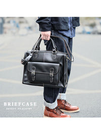 Handmade Black Mens Leather Briefcase Work Handbag Dark Brown 14'' Computer Briefcase For Men - imessengerbags