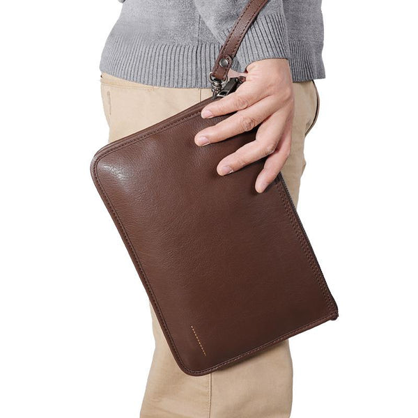 Coffee Leather Mens Large Leather Wallet Wristlet Bag Black Envelope Bag Clutch Wallet for Men - imessengerbags