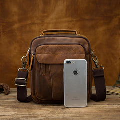 Vintage Brown Leather Mens Small Vertical Messenger Bag Side Bag Courier Bag Handbag For Men - imessengerbags