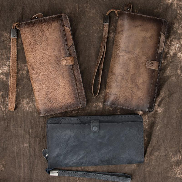 COOL MENS LEATHER Brown Bifold ZIPPER LONG CLUTCH WALLETS VINTAGE Brown Wristlet Long WALLET FOR MEN - imessengerbags