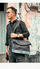 Cool Mens Black Leather Courier Bags Side Bags Leather Messenger Bags Postman Bag for Men - imessengerbags