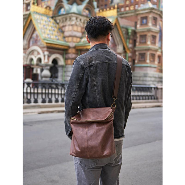 Cool Leather Mens Messenger Bag Square Brown Leather Courier Bags Postman Bags for Men - imessengerbags