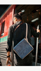 Canvas Leather Mens Small Navy Side Bag Canvas Square Messenger Bags Canvas Travel Courier Bags for Men - imessengerbags