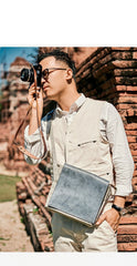 Canvas Leather Mens Small Navy Side Bag Canvas Square Messenger Bags Canvas Travel Courier Bags for Men - imessengerbags
