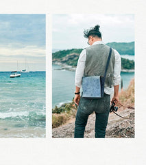 Canvas Leather Mens Small Navy Side Bag Canvas Square Messenger Bags Canvas Travel Courier Bags for Men - imessengerbags