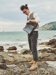 Canvas Leather Mens Small Navy Side Bag Canvas Square Messenger Bags Canvas Travel Courier Bags for Men - imessengerbags