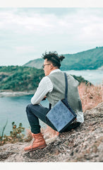 Canvas Leather Mens Small Navy Side Bag Canvas Square Messenger Bags Canvas Travel Courier Bags for Men - imessengerbags
