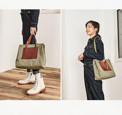 Vintage Canvas Leather Mens Tote Bag Green Tote Handbag Canvas Shoulder Tote for Men Women - imessengerbags