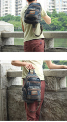 mens sling pack Denim Blue Mens Large Sling Bag Chest Bag Chest Pack Vintage Jean Crossbody Sling Bag For Men