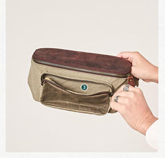 Vintage Canvas Green Leather Mens Fanny Pack Canvas Waist Bags Canvas Hip Pack for Men - imessengerbags