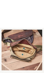 Vintage Canvas Green Leather Mens Fanny Pack Canvas Waist Bags Canvas Hip Pack for Men