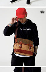 Khaki Canvas Leather Mens Coffee Side Bag Messenger Bag Khaki Canvas Courier Bag for Men - imessengerbags
