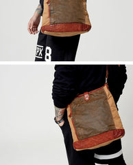 Canvas Leather Mens Distressed Brown Vertical Side Bag Messenger Bag Canvas Courier Bag for Men