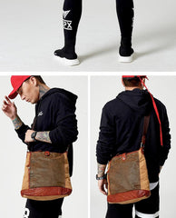 Canvas Leather Mens Distressed Brown Vertical Side Bag Messenger Bag Canvas Courier Bag for Men