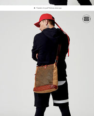 Canvas Leather Mens Distressed Brown Vertical Side Bag Messenger Bag Canvas Courier Bag for Men